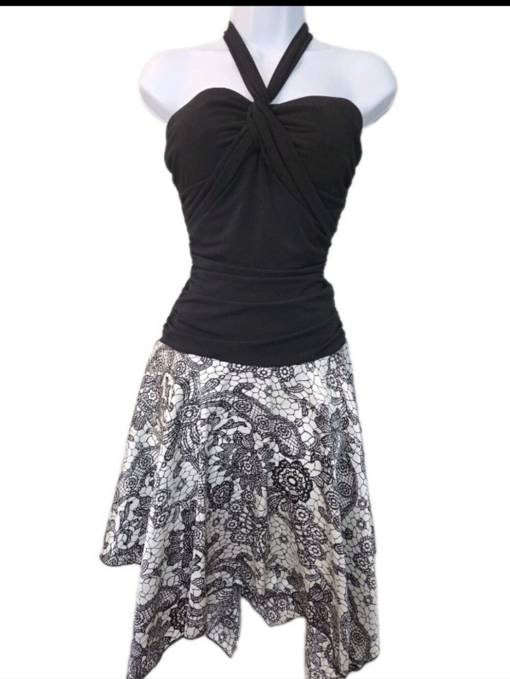 VTG BCX Halter Neck Dress Sz Large Hankerchief Skirt Spider Web Lace Pattern LBD